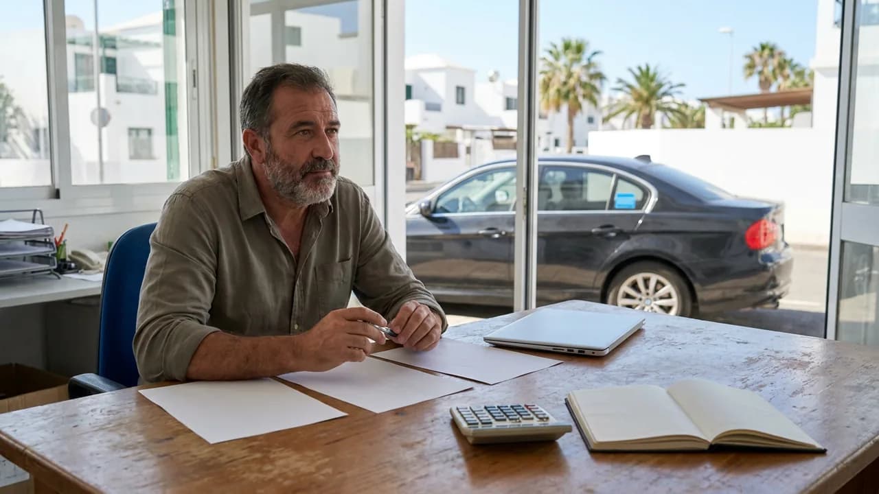 The owner of a transfer company compares three printed quotes next to a calculator, a laptop and a notebook at his desk on the Costa del Sol